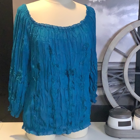 INC International Concepts Tops - INC International Concepts On/Off Shoulder Gauze Pleated Embroidered Blouse Sz 6